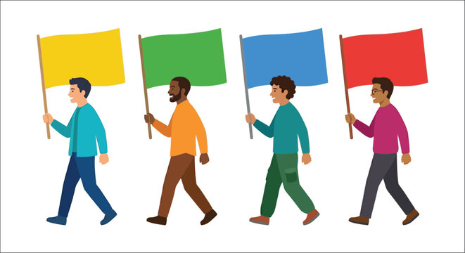 People carrying colorful flags illustration on a white background