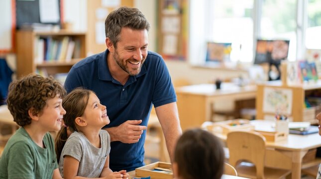 Smiling male teacher interacting with elementary school children in bright classroom early childhood education and primary school learning concept
