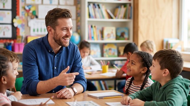 Smiling male teacher pointing finger at pupils in classroom during lesson. Diverse elementary school children learning and communicating with mentor in library. Education and childhood concept.