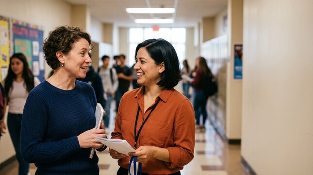 Two diverse female teachers or colleagues talking and laughing in school hallway corridor during break time education professional concept