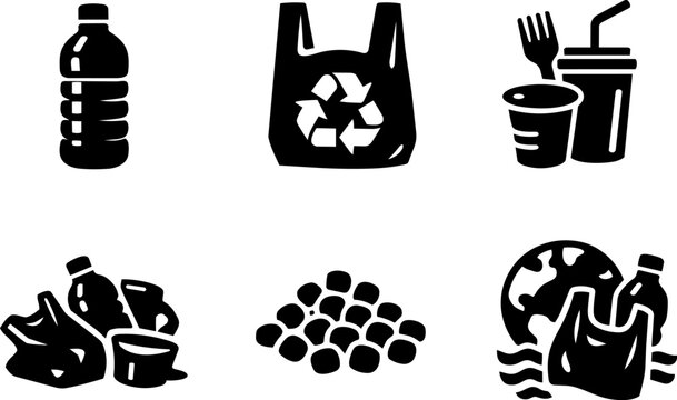 Plastic waste and recycling silhouette icon collection. Vector