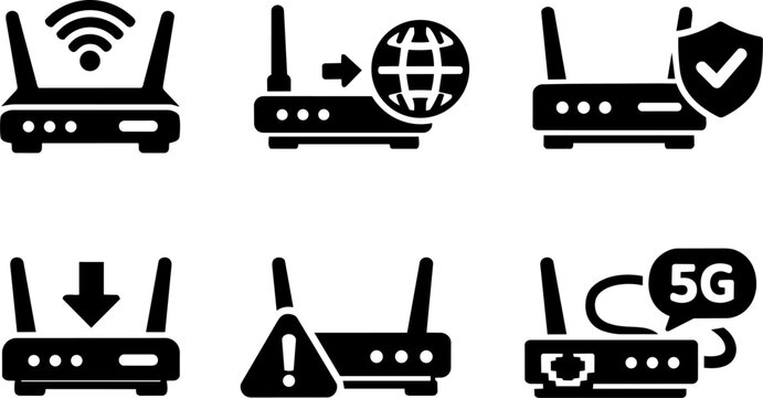 WiFi router, modem and wireless internet silhouette icons. Vector