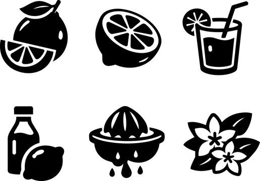 Lemon citrus fruit and juice silhouette icons