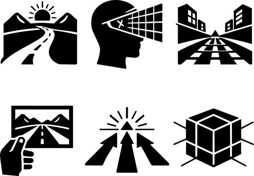 Perspective vision and direction silhouette icon set