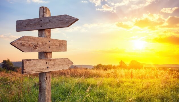 A rustic wooden signpost with three arrows stands in a grassy field at sunset, guiding directions against a vibrant sky.