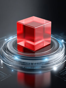 Red glass cube futuristic digital platform glowing blue lights high fidelity 3D render technology modern sci fi innovation