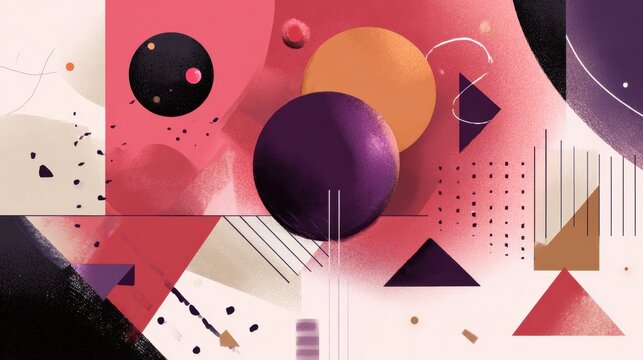 Geometric Harmony: An abstract composition of circles, triangles, and lines converge in a dynamic arrangement, accented by playful dots and a gradient color palette. 