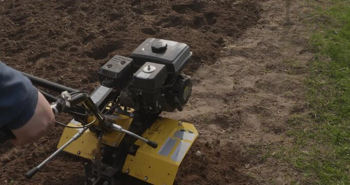Male farmer cultivating land with a motor cultivator, preparing the soil for planting in a garden plot. Agricultural machinery loosens the soil, starting a new gardening season in springtime.