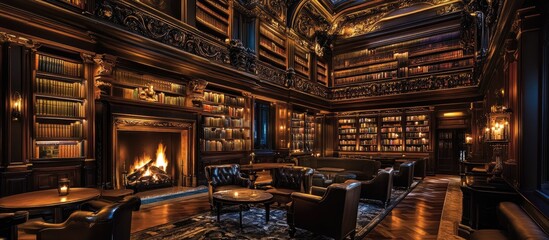 Naklejka premium Luxurious Dark Library Interior with Warm Fireplace and Leather Armchairs