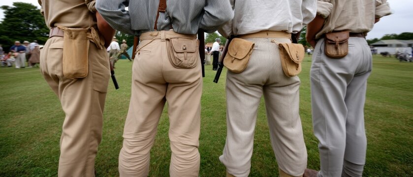 Soldiers wearing World War II uniforms stand with their backs to the camera, holding guns at an outdoor reenactment event