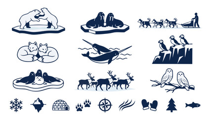 Arctic Animals Icons Set, Wildlife Silhouette Collection for Design, Polar Bear Walrus Narwhal Puffin Reindeer and Snowy Owl Graphic Elements for Nature Branding, Cold Climate Symbols and Winter Illus © Fernando