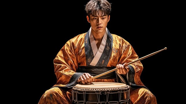 Korean Drummer in Traditional Hanbok Costume Performing