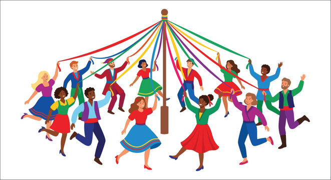 Maypole dancing with people colorful ribbons and a festive celebration
