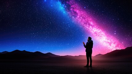 Fototapeta premium Silhouette of a man looking at the vibrant colorful milky way galaxy in the night sky
