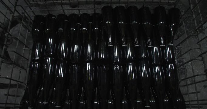 Closeup of working hands with bottles. Top down view of workers handling glass bottles carefully. Precise placement of dark glass bottles by gloved hands in cellar storage