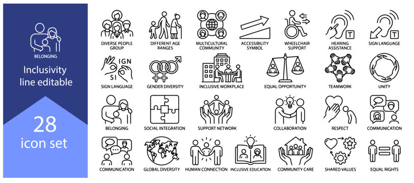 Inclusivity line editable icon set &ndash; editable stroke vector illustration
