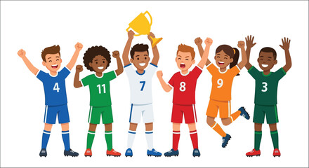 Obraz premium Vector illustration of six celebrating soccer players with raised arms