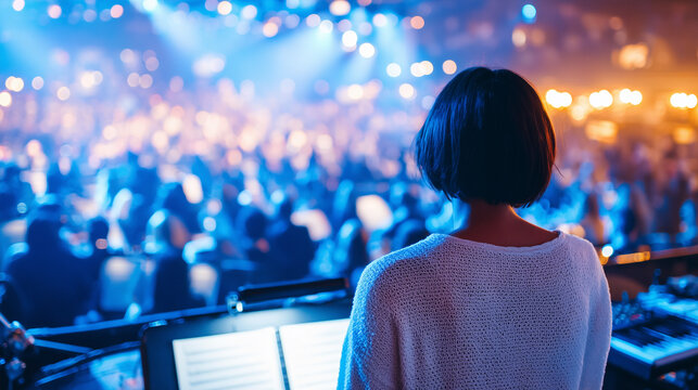 Back view of a musician or conductor on stage facing a large audience in a vibrant concert hall with colorful lights.