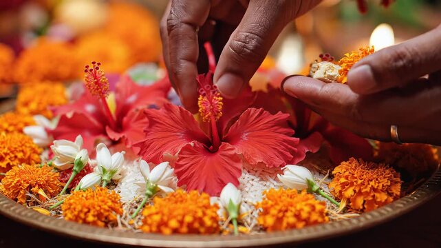 Narasimha Jayanti Offering With Red Hibiscus Flowers And White Rice