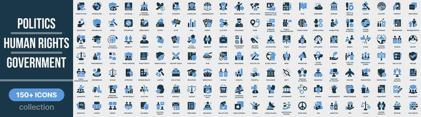 Politics, human rights and government icon collection in colored style. Set of politics, human, rights, government, law, election and democracy icons © stas111