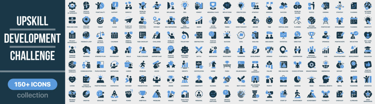 Upskill, development and challenge icon collection in colored style. Set of upskill, development, challenge, learning, growth, skills and improvement icons