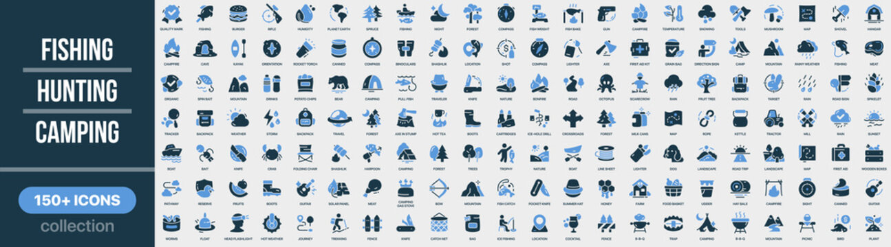 Fishing, hunting and camping icon collection in colored style. Set of outdoor activities, fishing, hunting, camping, survival, nature, adventure and equipment icons