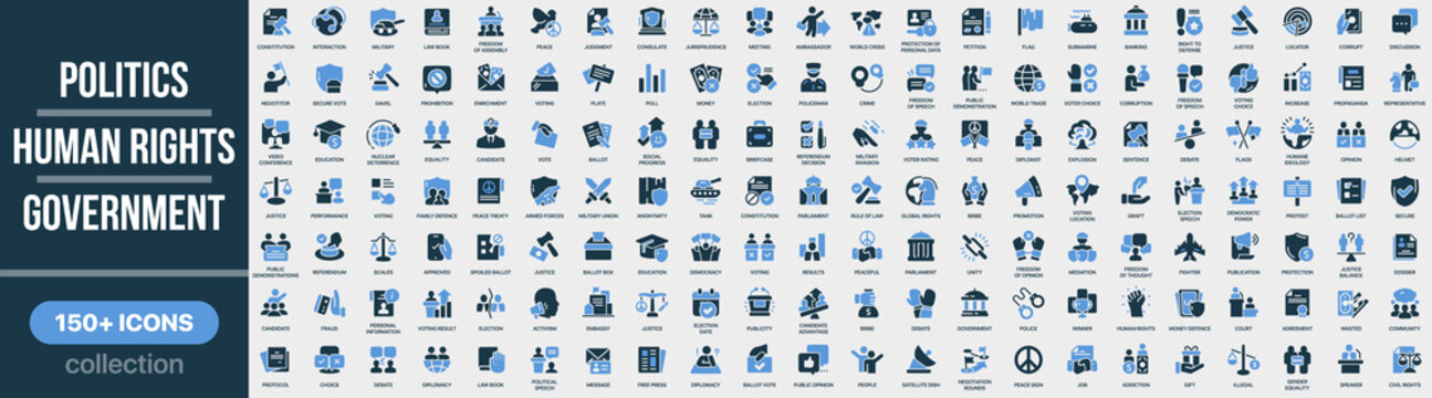 Politics, human rights and government icon collection in colored style. Set of politics, human, rights, government, law, election and democracy icons