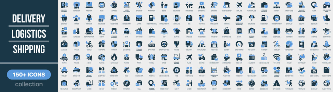 Delivery, logistics and shipping icon collection in colored style. Set of delivery, logistics, shipping, transport, parcel, courier and transportation icons
