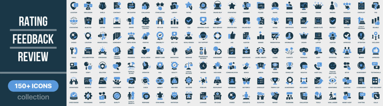 Rating, feedback and review icon collection in colored style. Set of rating, feedback, review, evaluation, quality, score and customer experience icons
