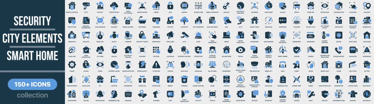 Security, city elements and smart home icon collection in colored style. Set of security, city, smart, home, surveillance, safety and automation icons