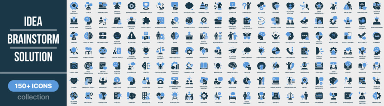Idea, brainstorm and solution icon collection in colored style. Set of idea, brainstorm, solution, creativity, thinking, innovation and problem solving icons
