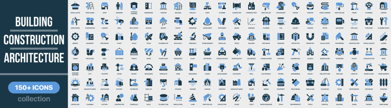 Building, construction and architecture icon collection in colored style. Set of building, construction, architecture, tools, crane, engineering and infrastructure icons