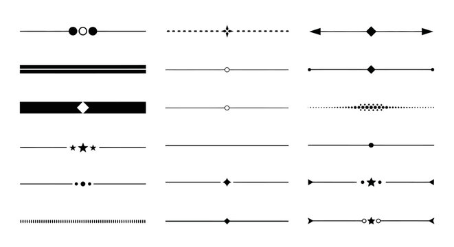 Collection of diverse vector graphic page dividers and text separators for design, featuring a variety of elegant line elements and ornamental shapes for creative projects
