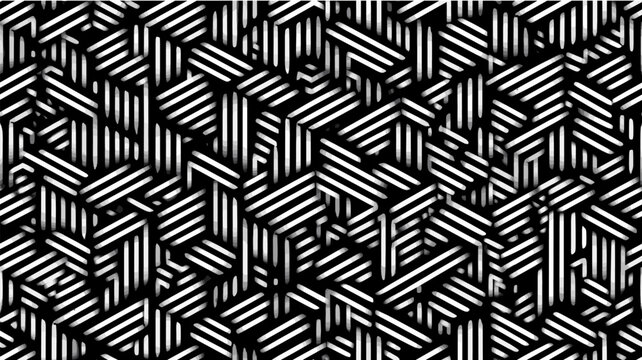 Abstract stripped pattern creating intricate three dimensional geometric shapes and optical illusion. Isometric black and white striped geometric pattern creating abstract maze