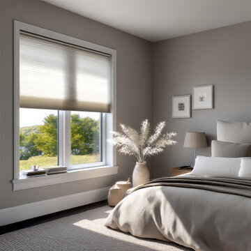 Modern minimalist bedroom with neutral color palette, large window, cozy bed, soft bedding, natural light, and decorative vase with pampas grass