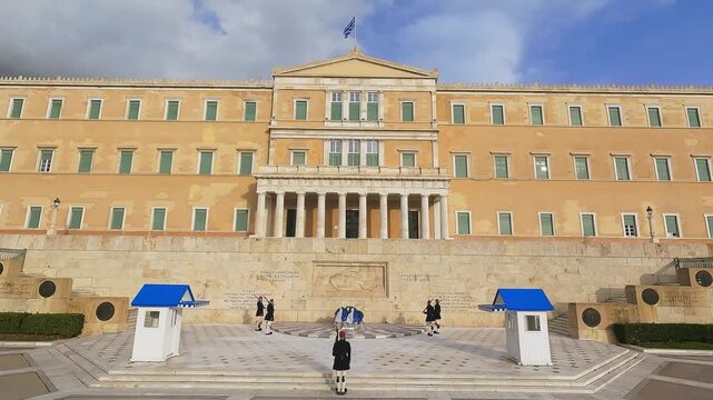 Evzone soldiers at the post near the grave of the unknown soldier in Athens on Syntagmatos Square, the changing of the guard