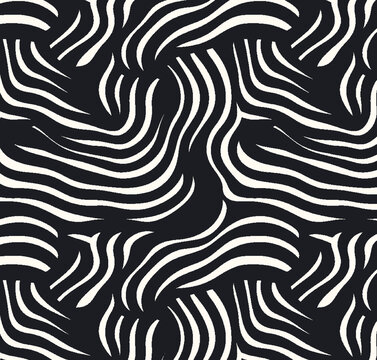 Abstract seamless black and white vector pattern with geometric waves and floral swirls for vintage textile design and zebra print wallpaper backgrounds