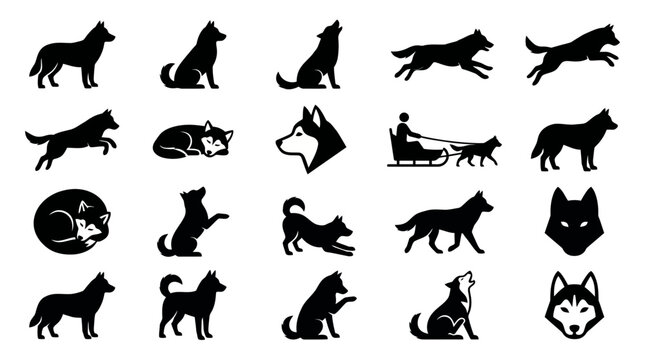 Husky Dog and Wolf Silhouettes Icon Set in Various Poses