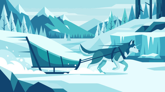 Husky Dog Sledding in Snowy Winter Mountain Landscape Vector Art