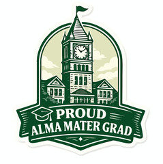Fototapeta premium Proud Alma Mater Grad University Building Clock Tower Sticker Vector Illustration – Graduation College School Badge Design