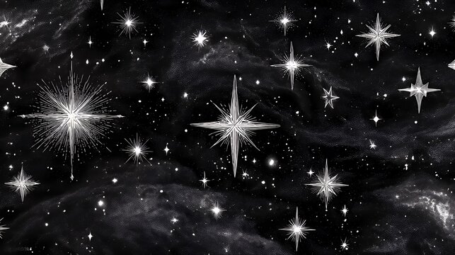 Celestial Radiance: Black and White Starry Night Sky Pattern