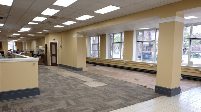 Room displays light cream walls and dark gray floor tiles. Utility conduits run along the walls, and a door frame is visible
