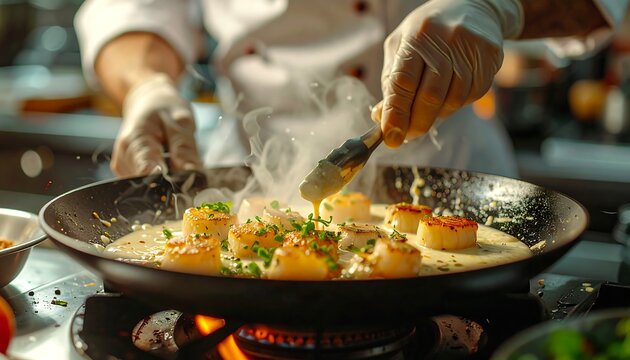 Chef cooking scallops in creamy sauce