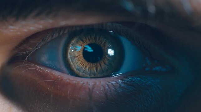 Close view of a human eye showing detailed iris pattern and pupil in bright lighting setting inside a room