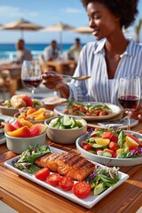 Obraz premium Woman enjoying healthy food at an outdoor beachside restaurant with grilled salmon and salads