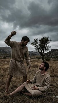 Ancient familial conflict: Cain figure, Abel victim, Bible story, religious tale, fratricide deed, primal violence, human fall, jealousy sin.