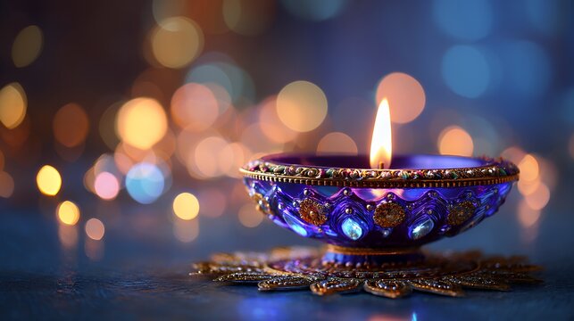 Luminous Diya: Enchanted Purple Oil Lamp with Golden Filigree Design