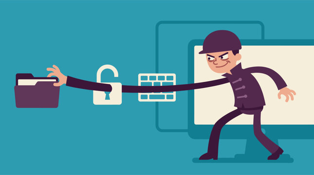 Sneaky digital thief reaches from a computer screen toward an open folder, showing data theft, hacking, privacy invasion, and digital security danger.