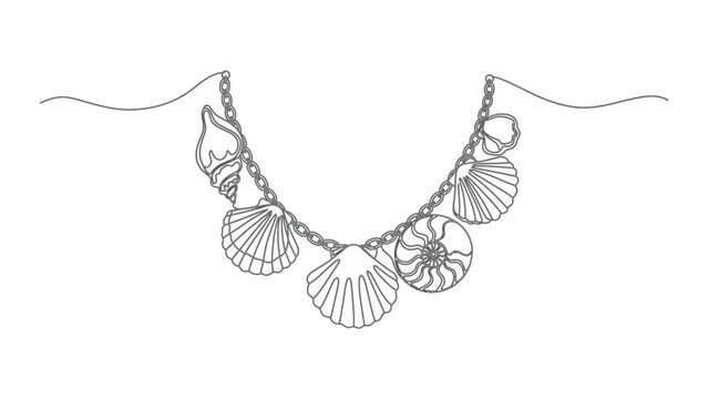 Continuous line drawing of a seashell necklace.