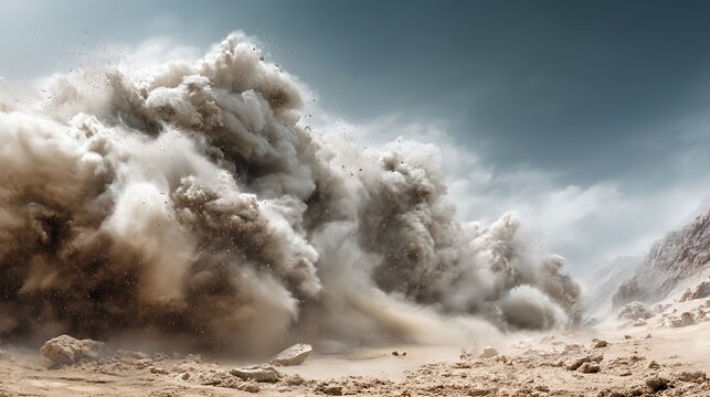 Desert Dust Eruption: Massive Sand Cloud Explosion in Arid Landscape